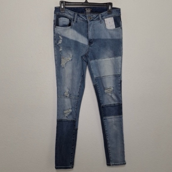 Venus Blue Grunge Y2K Mid Rise Distressed Patchwork Skinny Denim Jeans Size 6 - Picture 1 of 9
